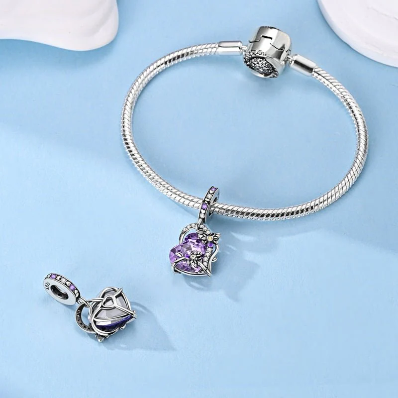 Glow in the Dark Luminous Purple Crystal Heart with Floral Vine Dangle Charm