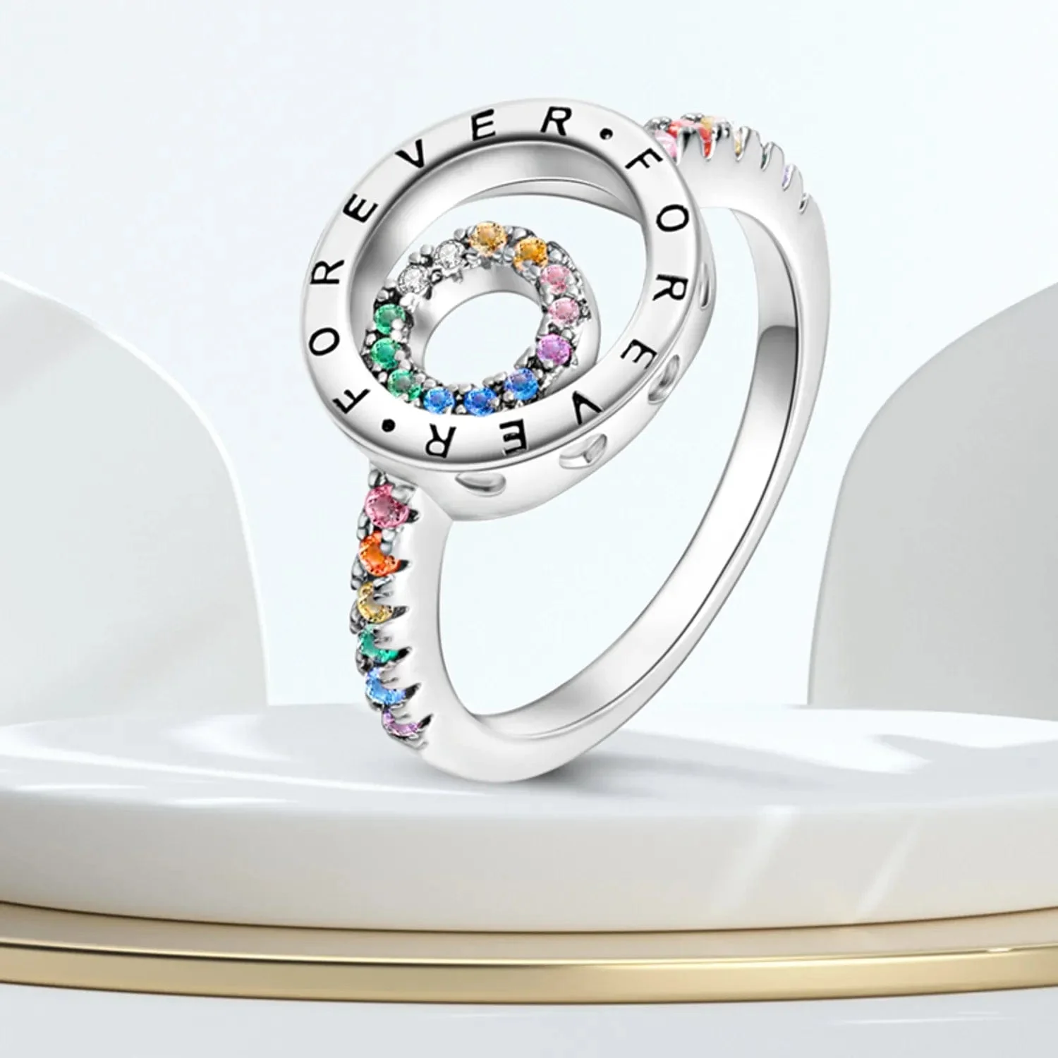 Elegant Sparkling Round Family Forever Rainbow Stone Ring