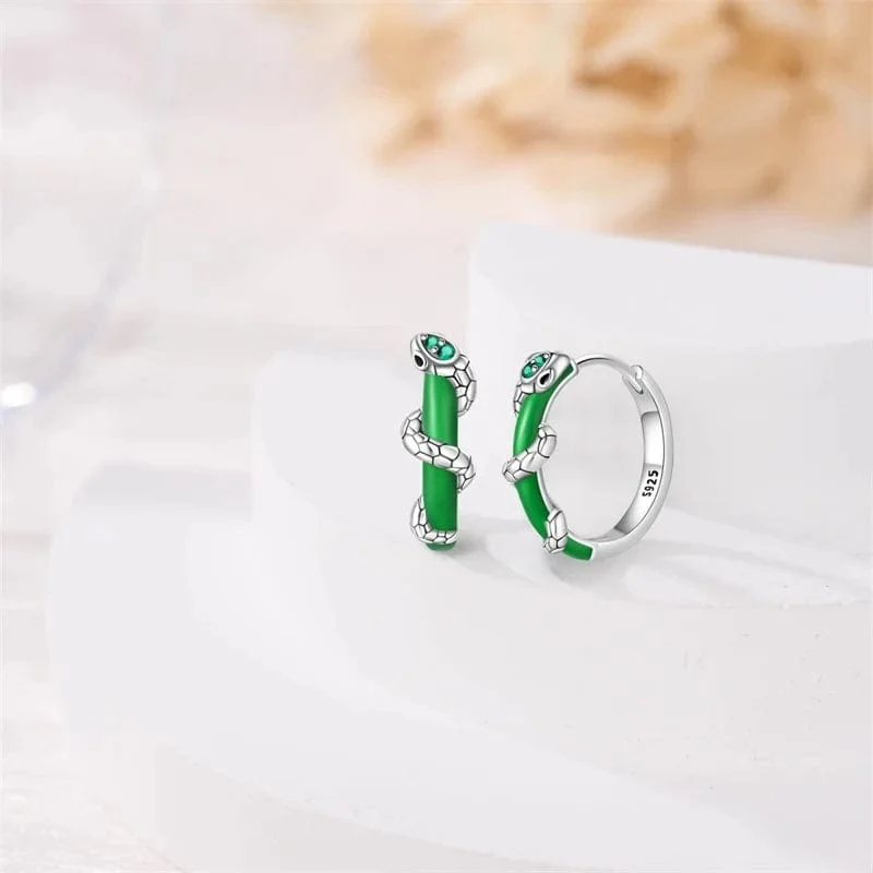 Green Enamel Snake Hoop Earrings