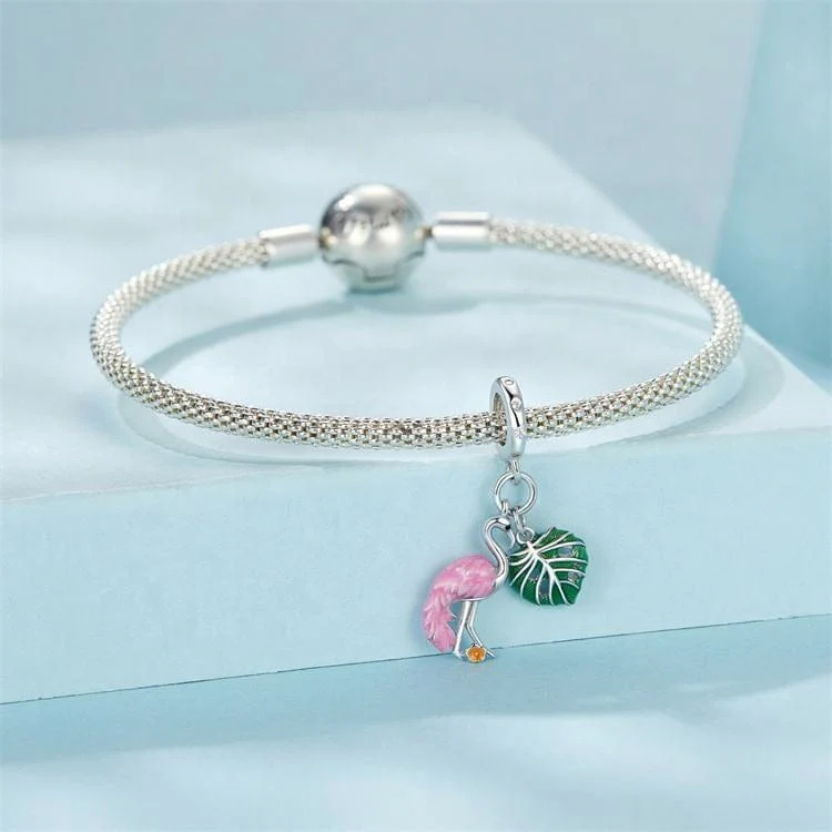 Flamingo & Monstera Leaf Dangle Charm