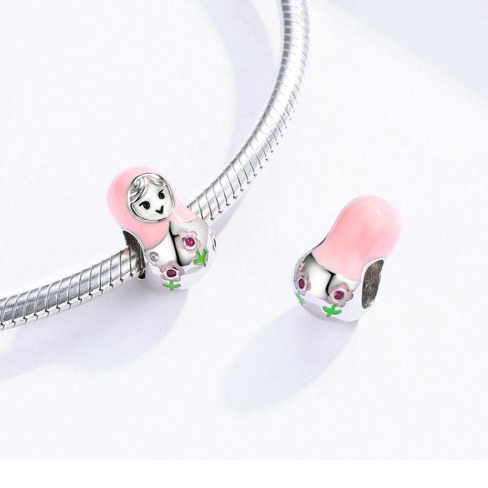 Pink Matryoshka Doll with Floral Crystal Accents Charm
