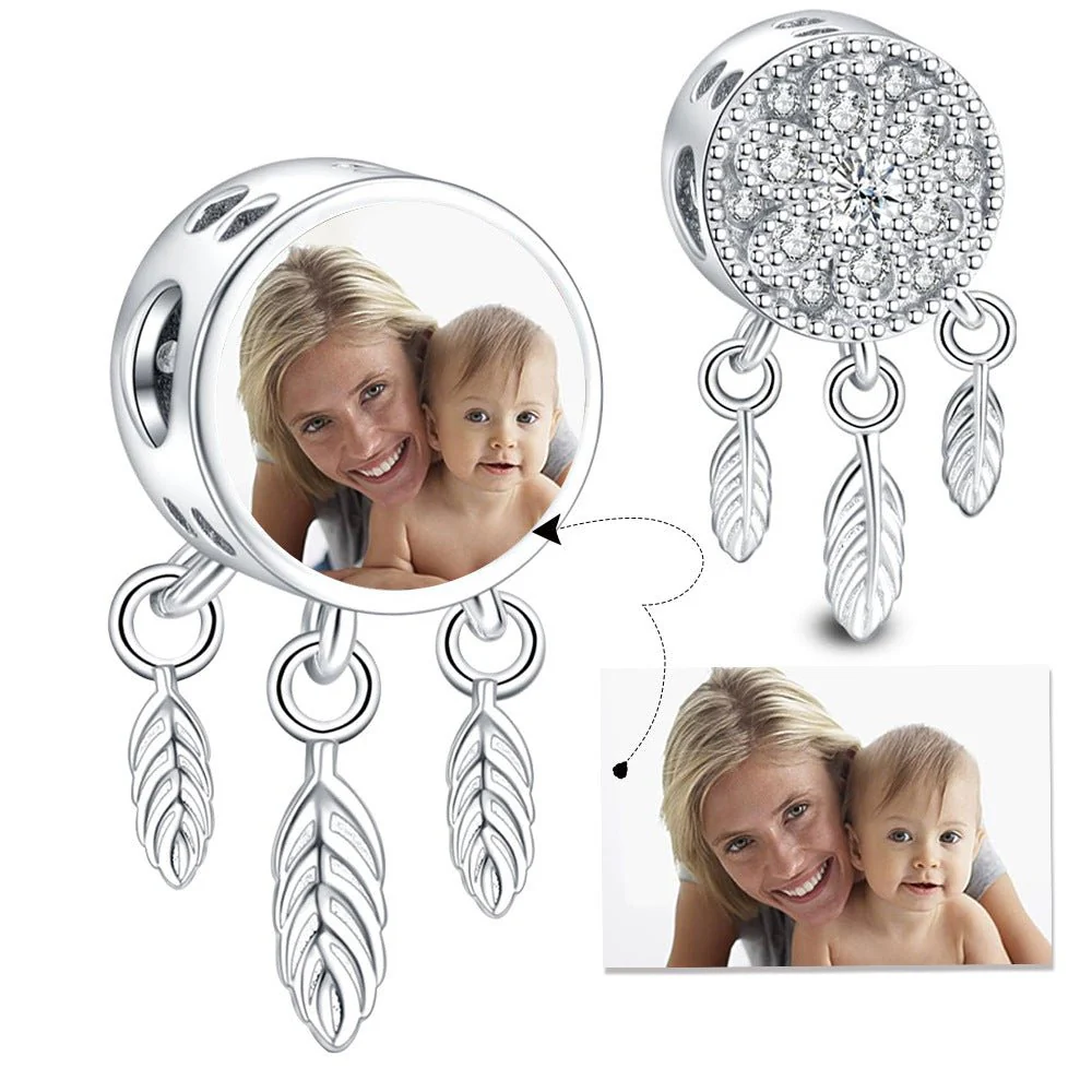 Personalized Photo Charm with Feather Pendants