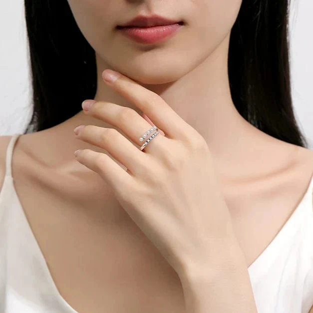 Pearl & Zircon Stone Adjustable Ring – Dual Row Design