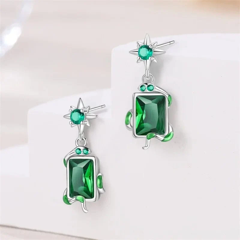 Silver Star & Green Gemstone Vine Drop Earrings