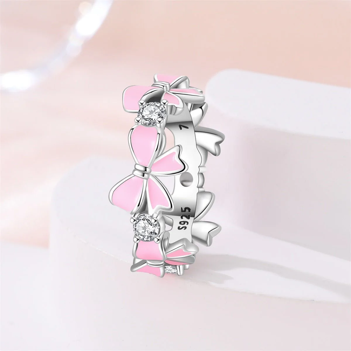 Pink Enamel Bows & Sparkling Stones Ring