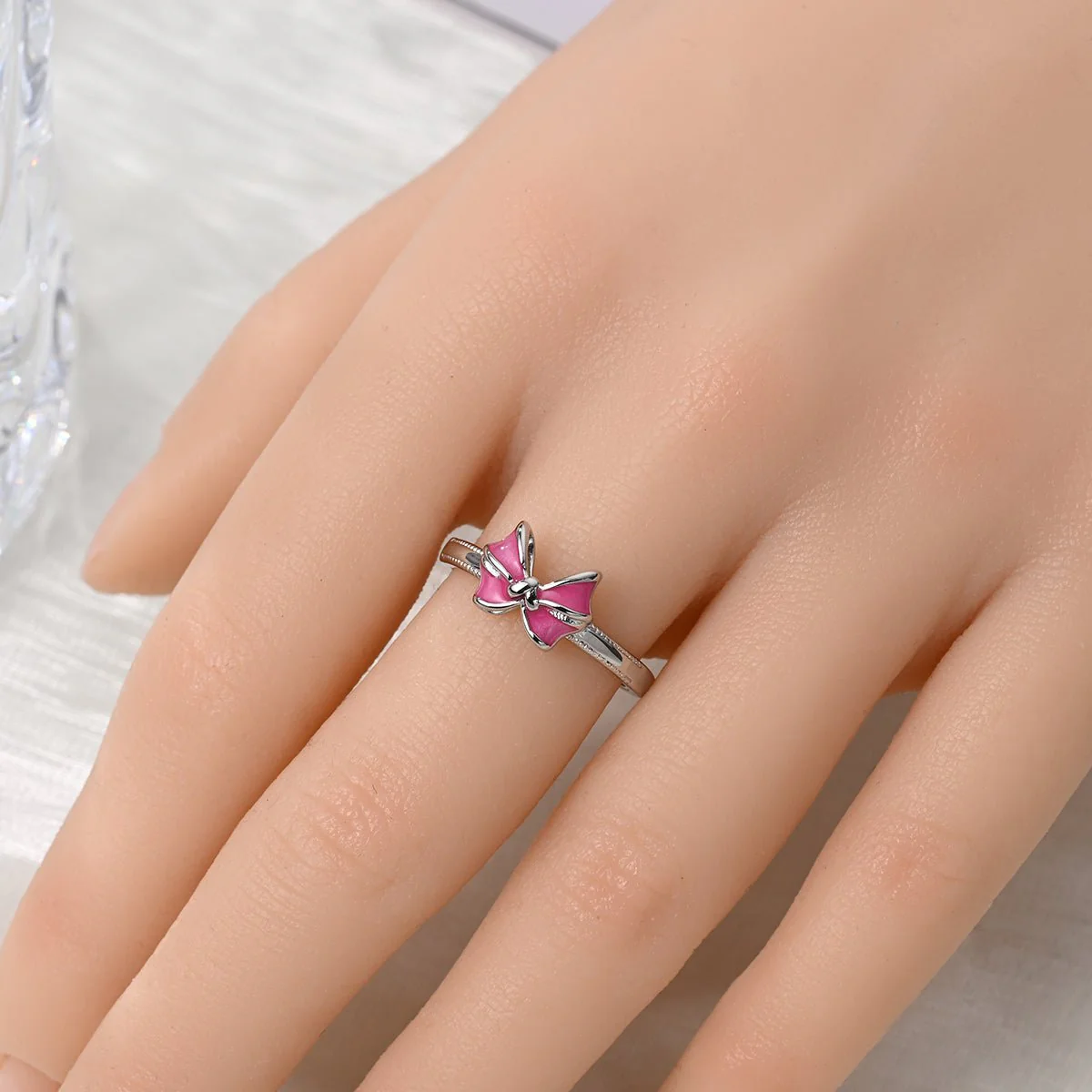 Pink Enamel Bow Ring