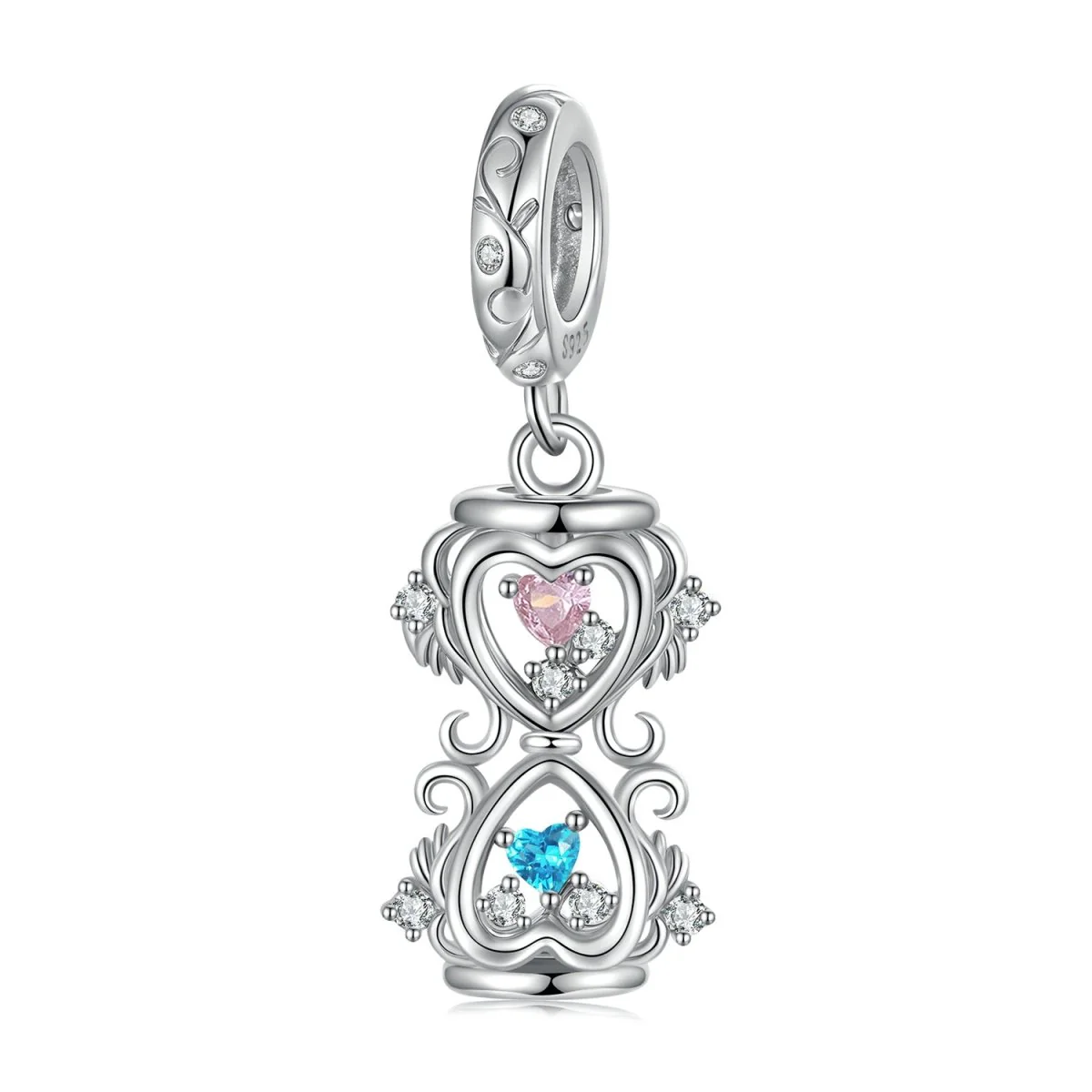 Heart-Shaped Hourglass with Pink & Blue Cubic Zirconia Dangle Charm