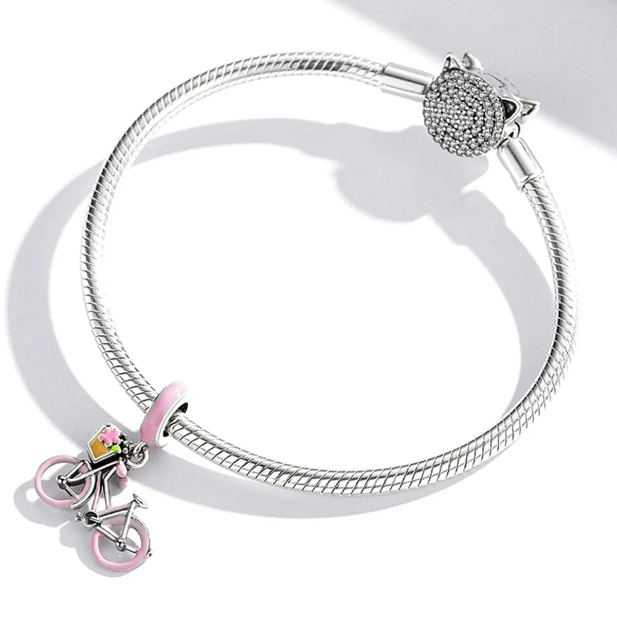 Pink Bicycle with Flower Basket Dangle Charm