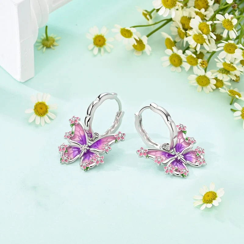 Purple Blossom Butterfly Hoop Earrings