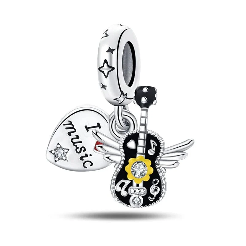 I Love Music Flying Guitar Dangle Charm