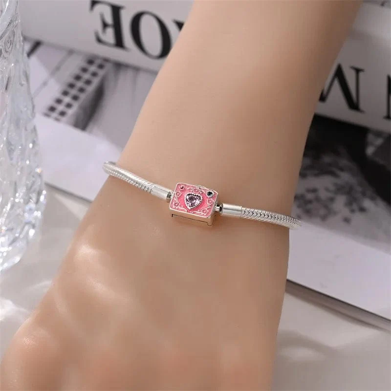 Pink Camera Crystal Heart Snake Chain Bracelet