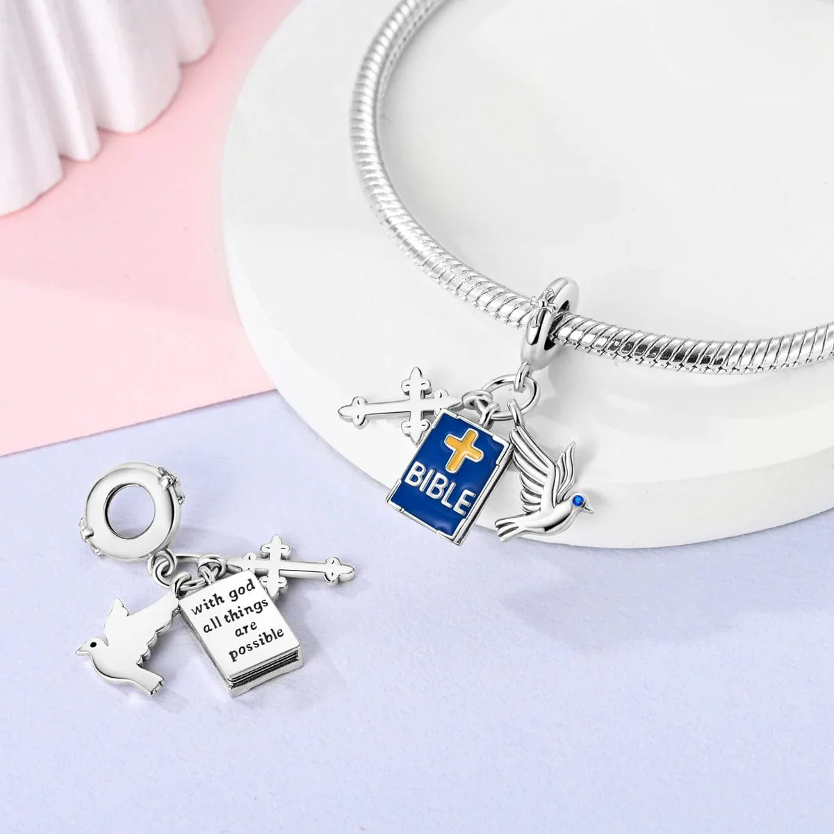 Faithful Bible Charm with Cross & Dove