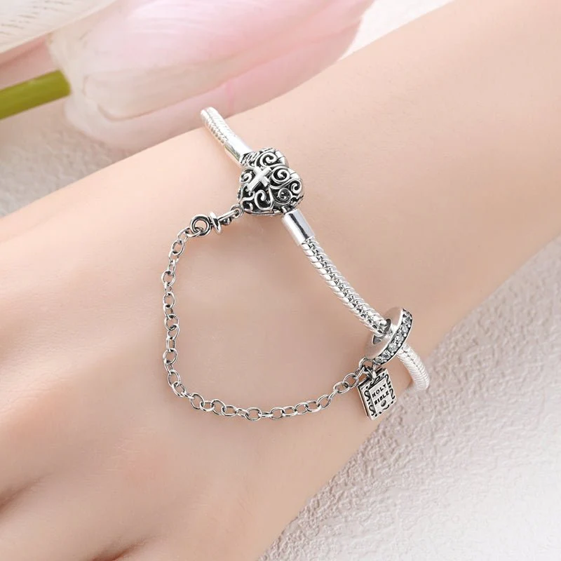 Heart & Cross Charm Bracelet with Bible Safety Chain