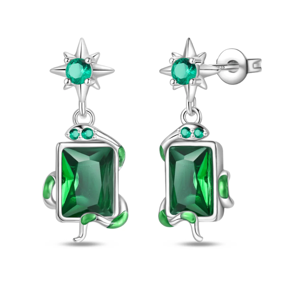 Silver Star & Green Gemstone Vine Drop Earrings