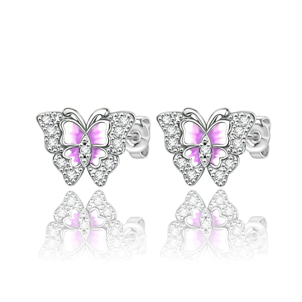 Pink Enamel Butterfly Stud Earrings with Crystal Accents