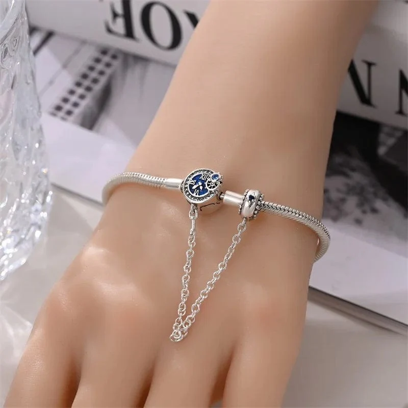 Blue Clock Clasp Bracelet with Safety Chain