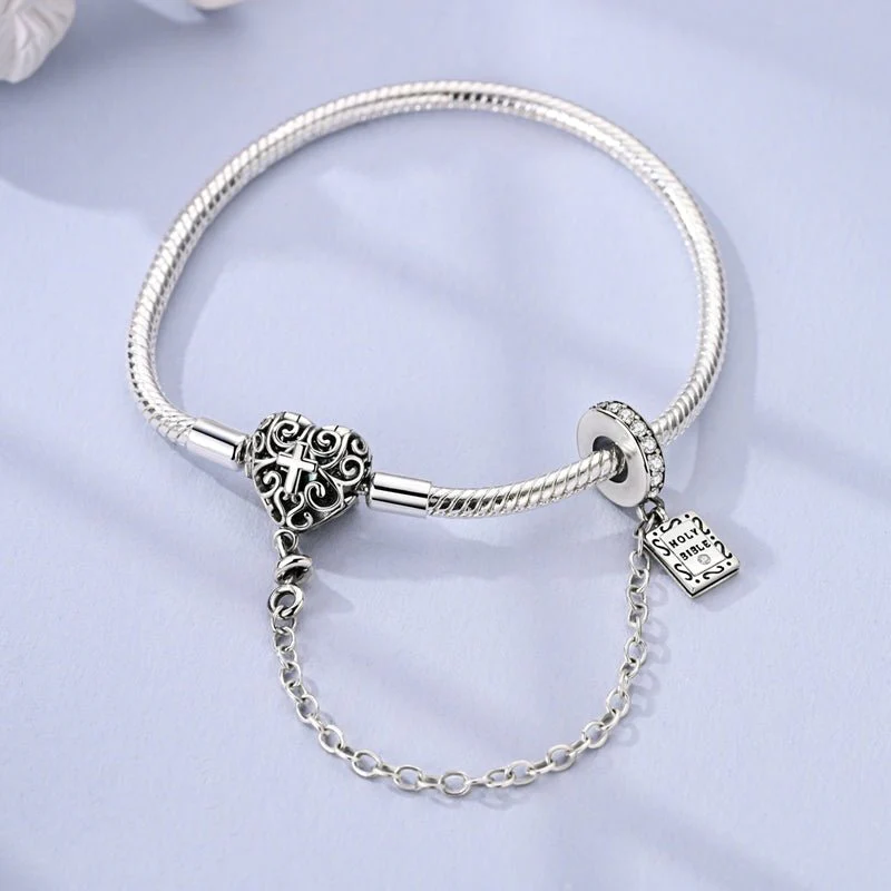 Heart & Cross Charm Bracelet with Bible Safety Chain