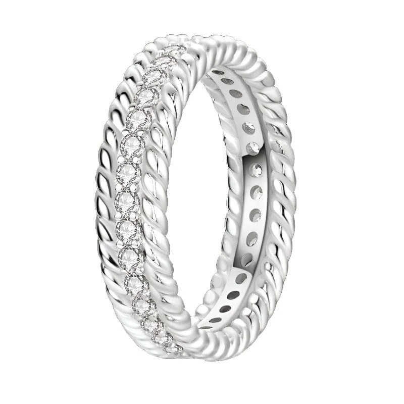 Rope Design Sterling Silver Ring with Dazzling Crystals