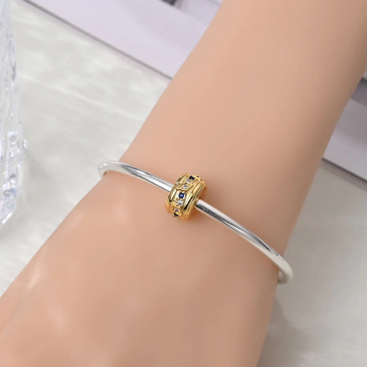 Golden Geometric with Blue and Clear Stones Clip Charm