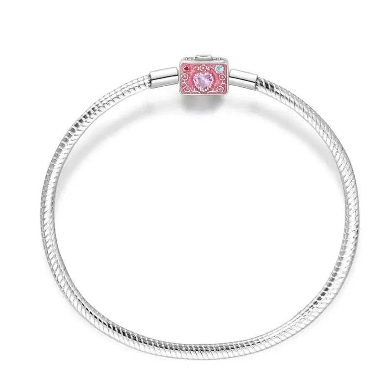 Pink Camera Crystal Heart Snake Chain Bracelet