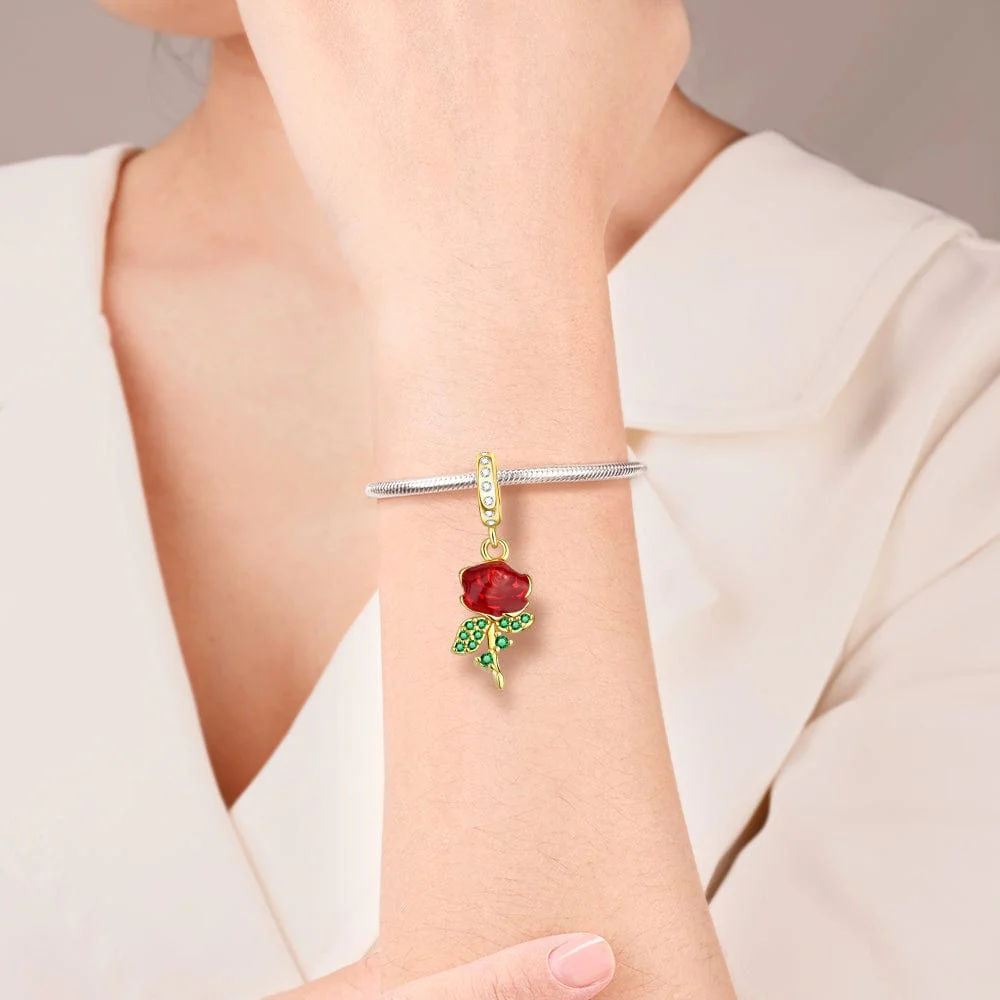 Red Rose Charm with Green Crystal Leaves
