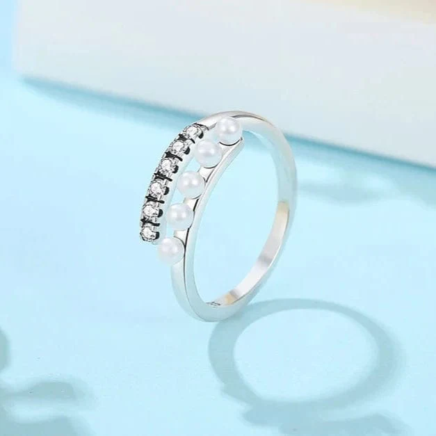 Pearl & Zircon Stone Adjustable Ring – Dual Row Design