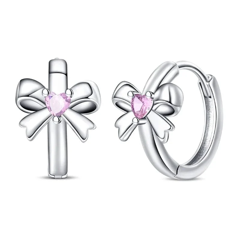 Pink Heart Gemstone Bow Hoop Earrings