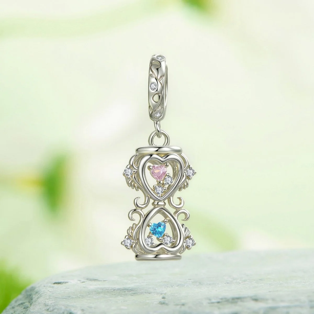 Heart-Shaped Hourglass with Pink & Blue Cubic Zirconia Dangle Charm