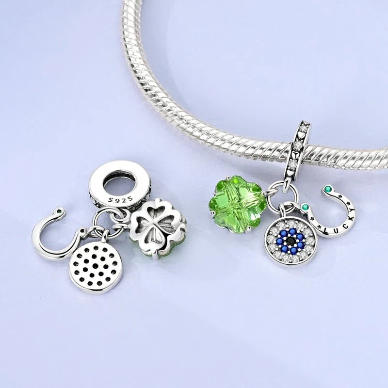 Lucky Clover, Evil Eye & Horseshoe Triple Dangle Charm