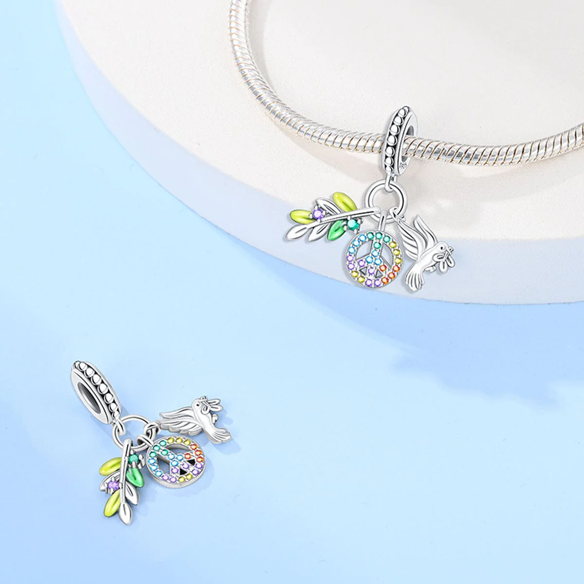 Rainbow Peace Sign with Dove and Olive Branch Charm