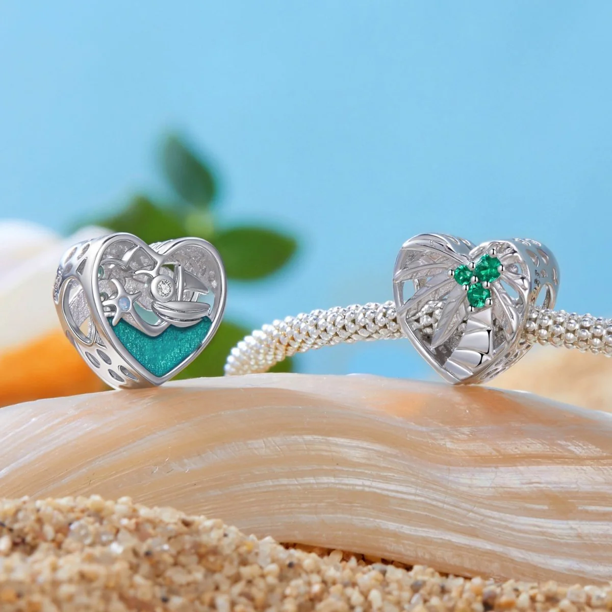 Heart-Shaped Palm Tree & Green Crystal Charm
