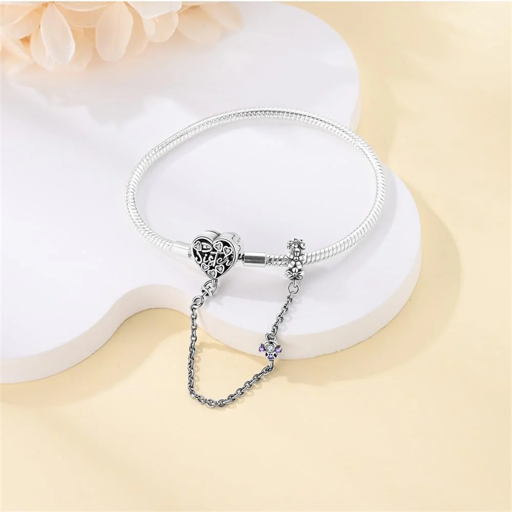 Sister Heart Charm Bracelet with Safety Chain