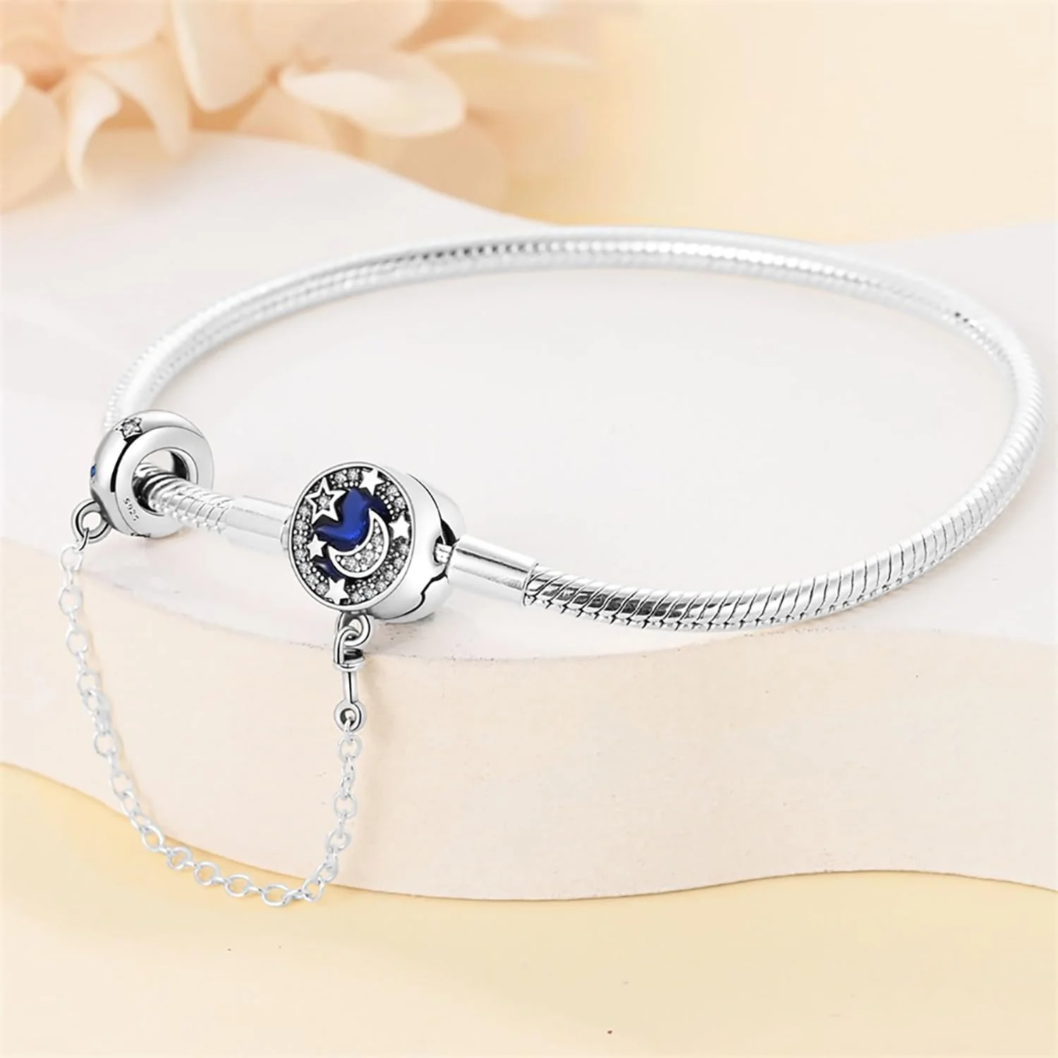 Crescent Moon with Star Bracelet, Blue Enamel and Crystal Accents