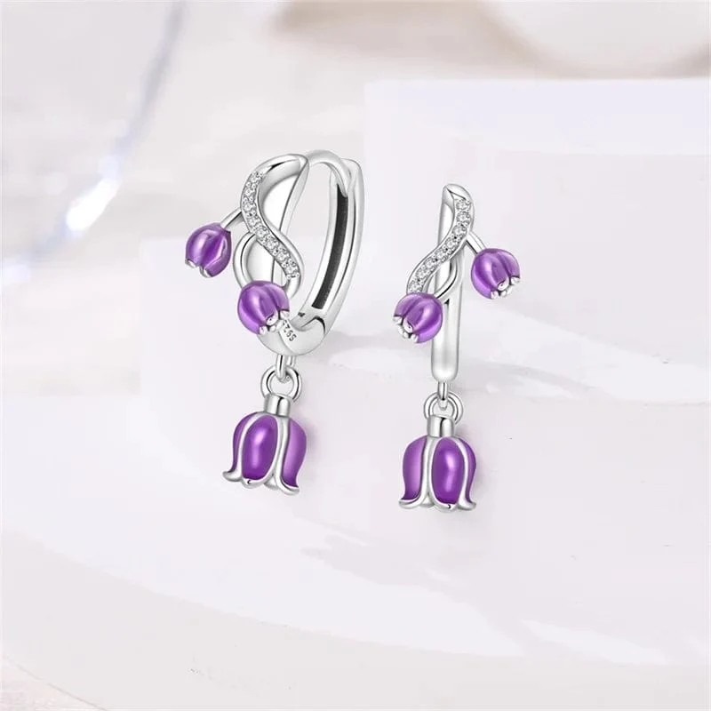 Purple Bellflower Dangle Hoop Earrings
