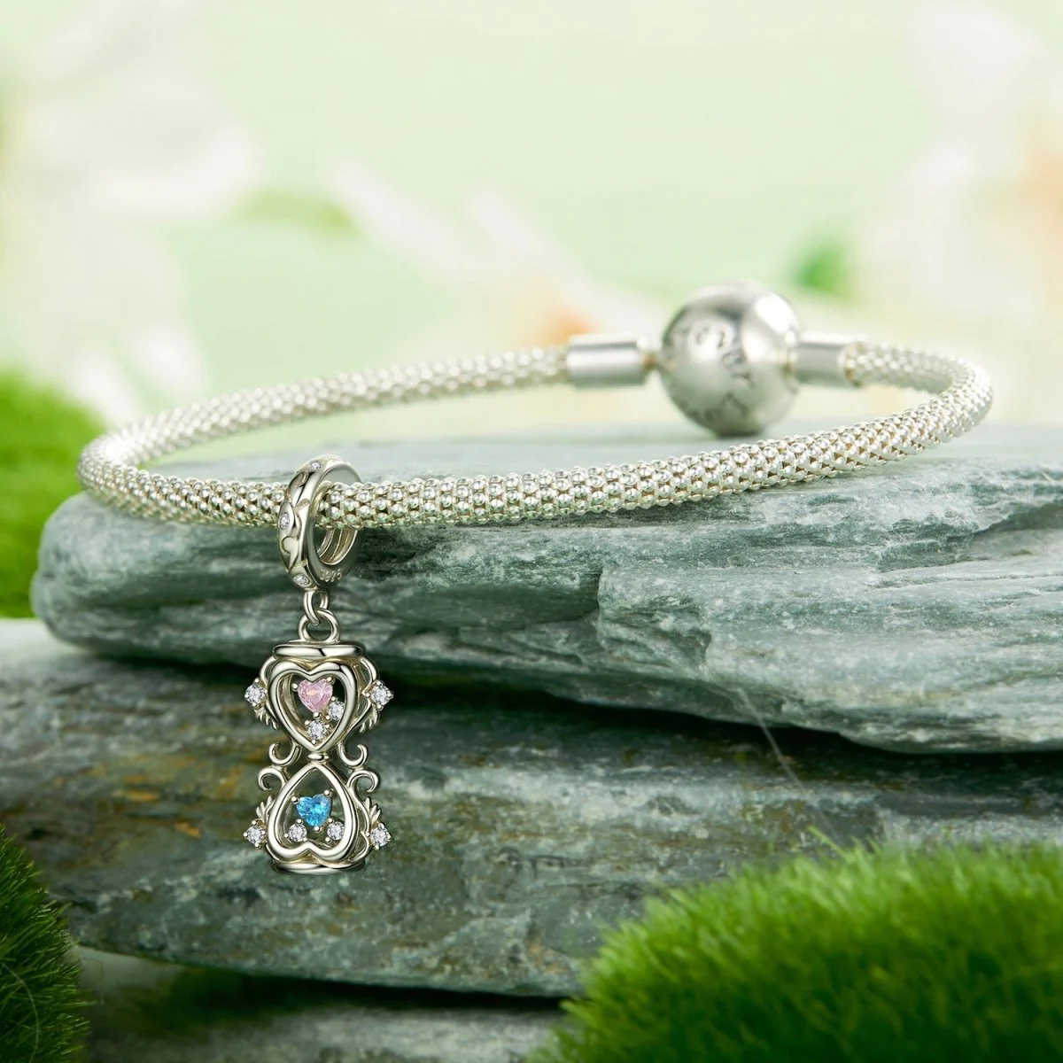 Heart-Shaped Hourglass with Pink & Blue Cubic Zirconia Dangle Charm