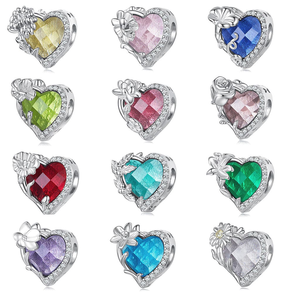 Floral Heart Crystal Birthstone Charms