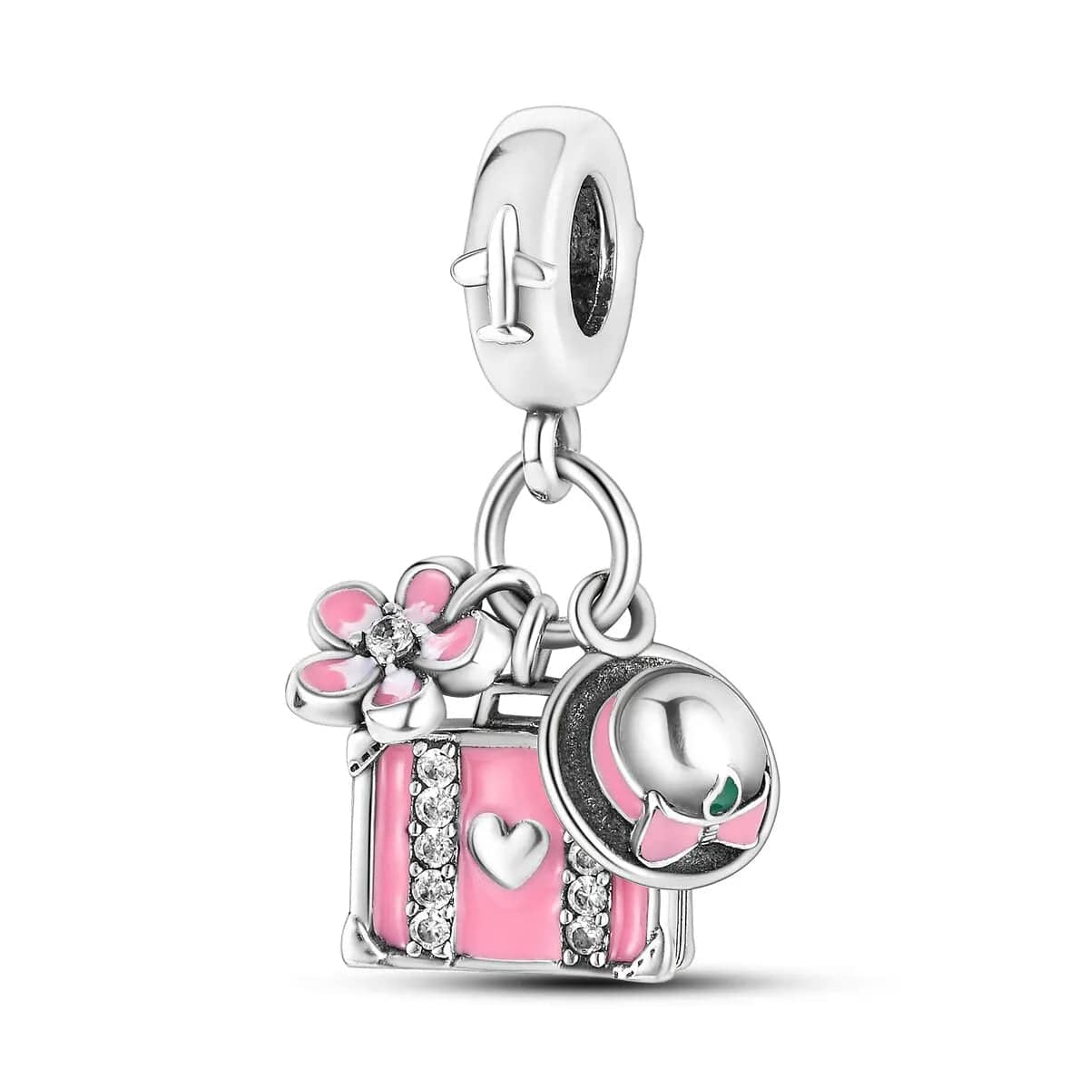 Pink Travel Suitcase with Flower & Sun Hat Dangle Charm