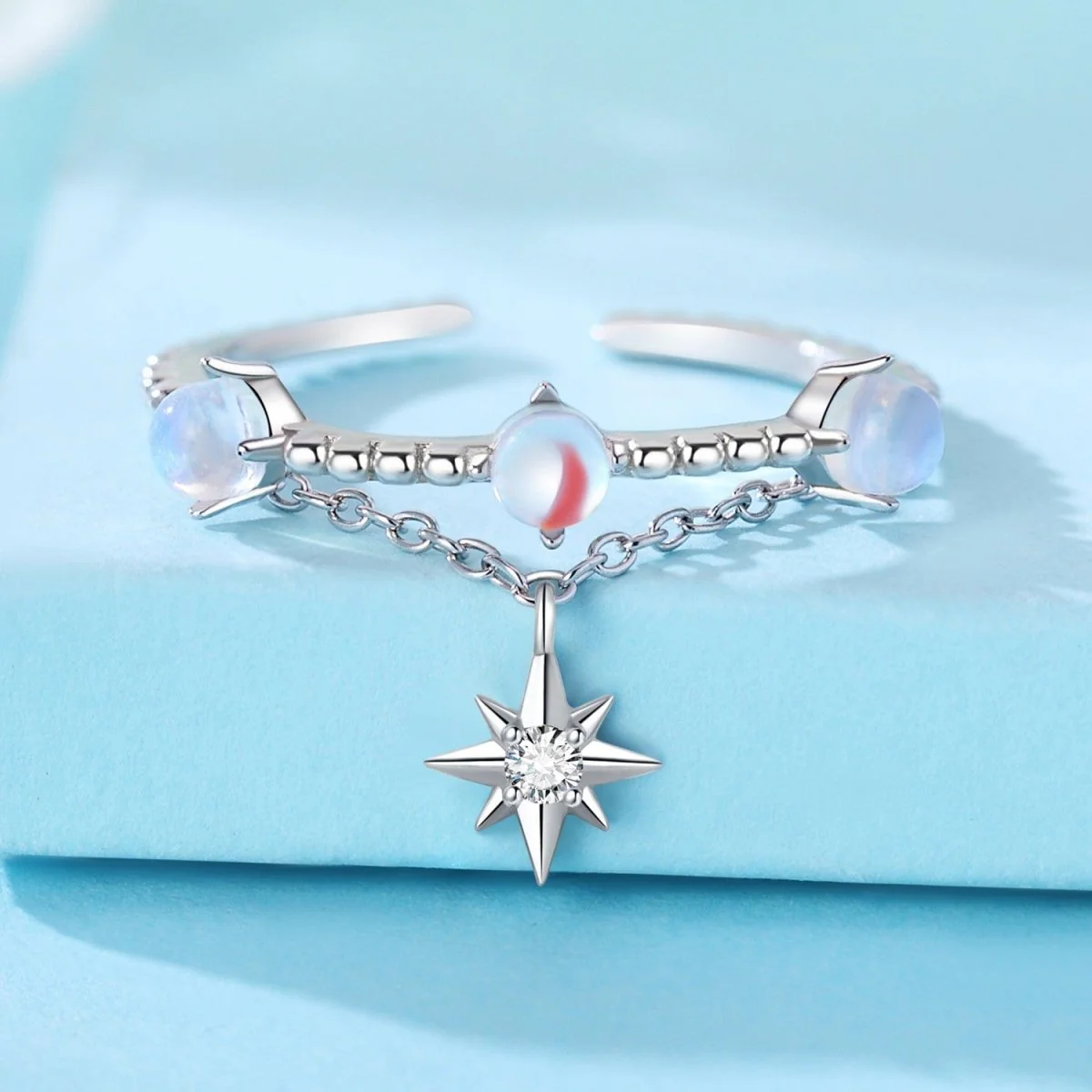 Lunar Glow Opal and Star Chain Adjustable Ring