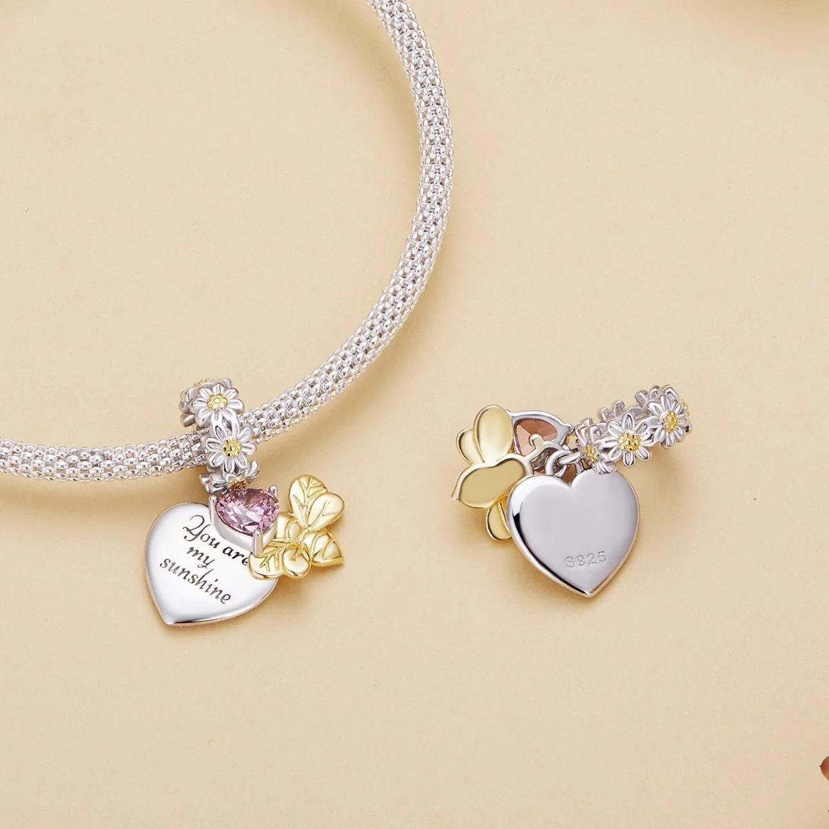 You Are My Sunshine Heart & Gold Bee Dangle Charm