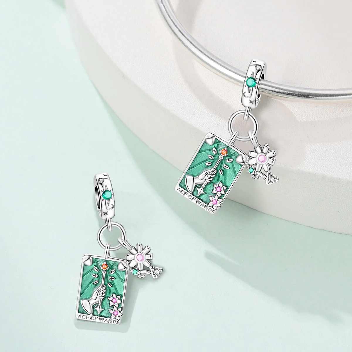 Ace of Wands Tarot & Flower Dangle Charm