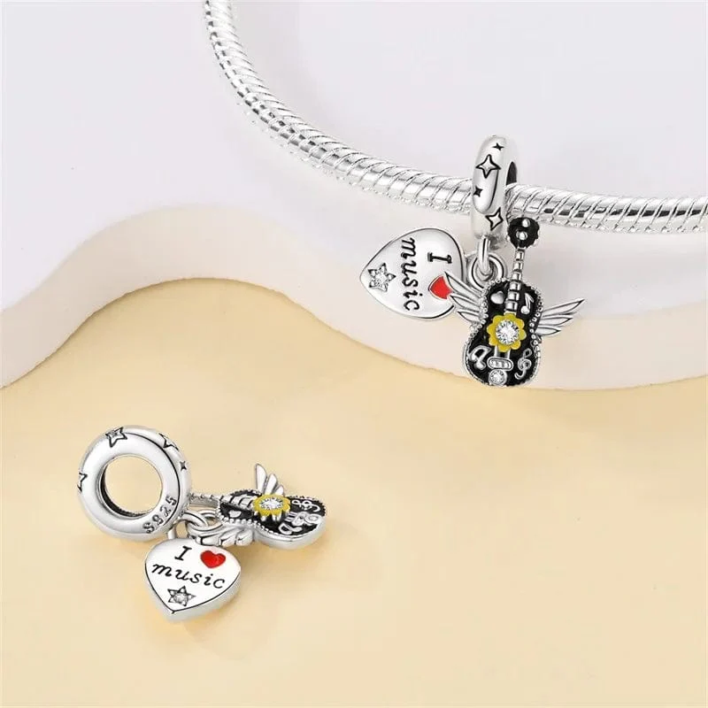 I Love Music Flying Guitar Dangle Charm