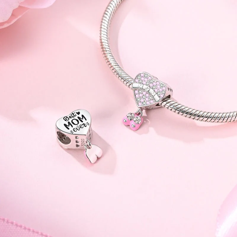 Mom's Love Heart & Baby Shoes Dangle Charm