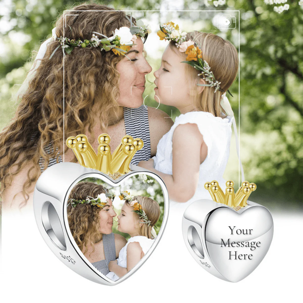 Personalized Crown Heart Photo & Engraving Charm
