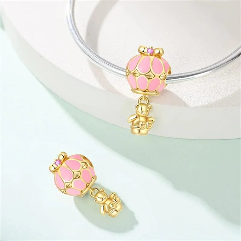Golden Teddy Bear Hot Air Balloon Dangle Charm