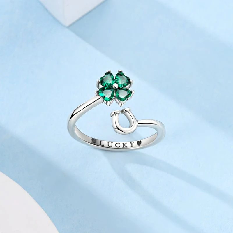 Lucky Charm Four-Leaf Clover & Horseshoe Adjustable Ring