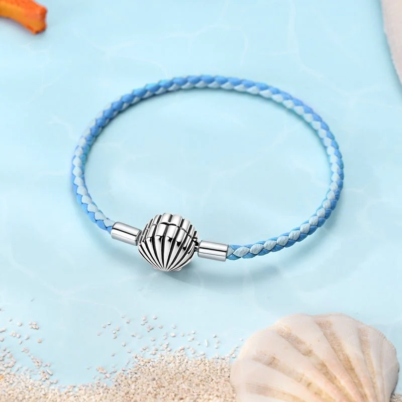 Ocean Blue Braided Leather Bracelet with Seashell Clasp