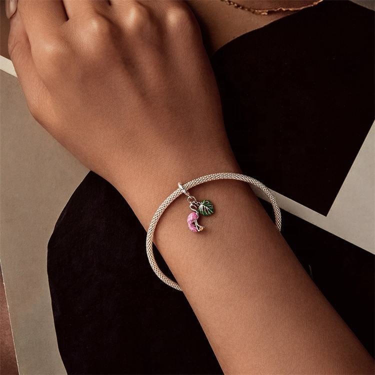 Flamingo & Monstera Leaf Dangle Charm