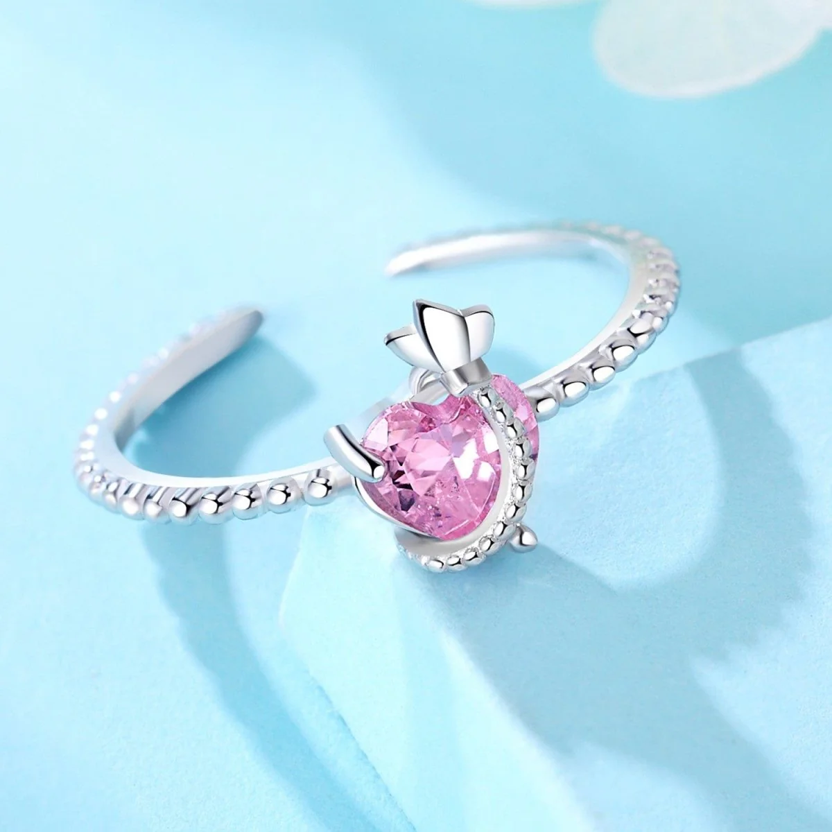 Pink Sparkle Heart-Embrace Adjustable Ring