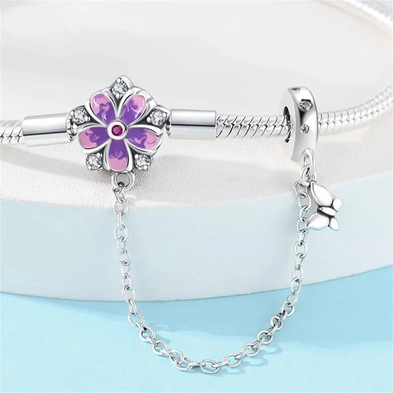 Purple Flower Charm Bracelet with Butterfly Dangle and Safety Chain