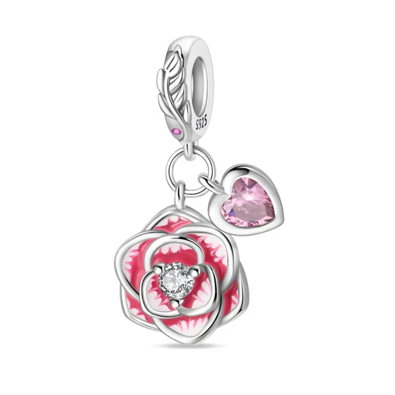 Rose with Pink Heart Dangle Charm